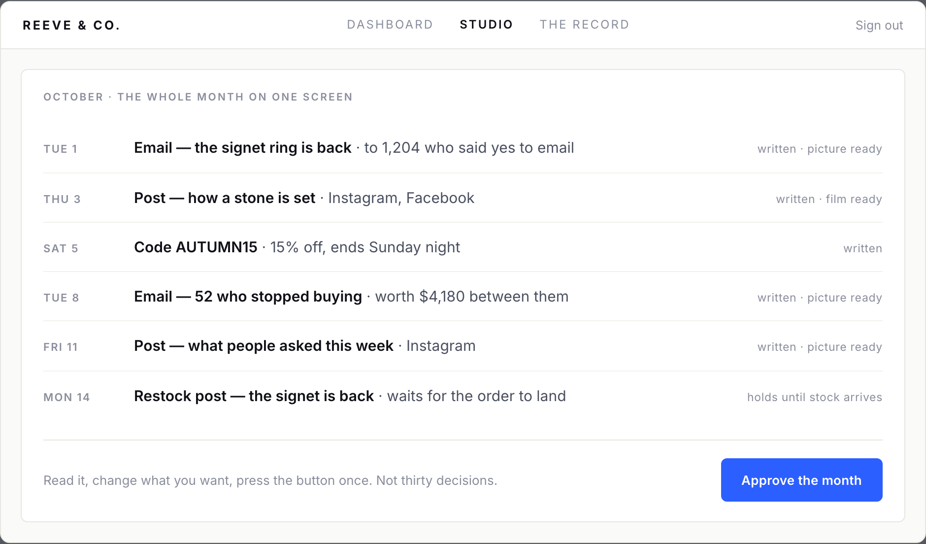A month of work for a jeweler on one screen: six emails, posts and discount codes dated through October, each marked written with its picture or film ready, and one button to approve the month.